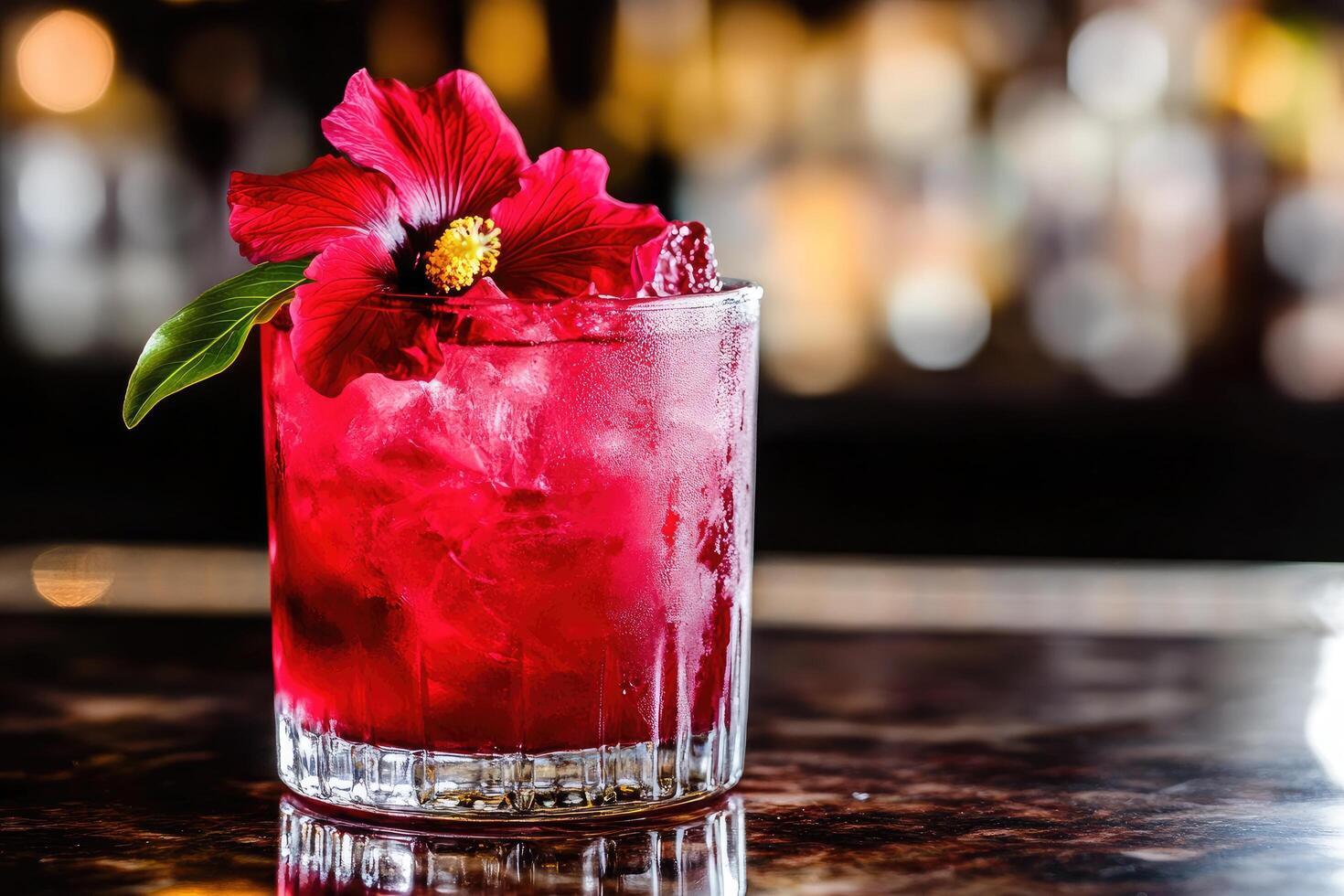 A red drink with a flower on top photo
