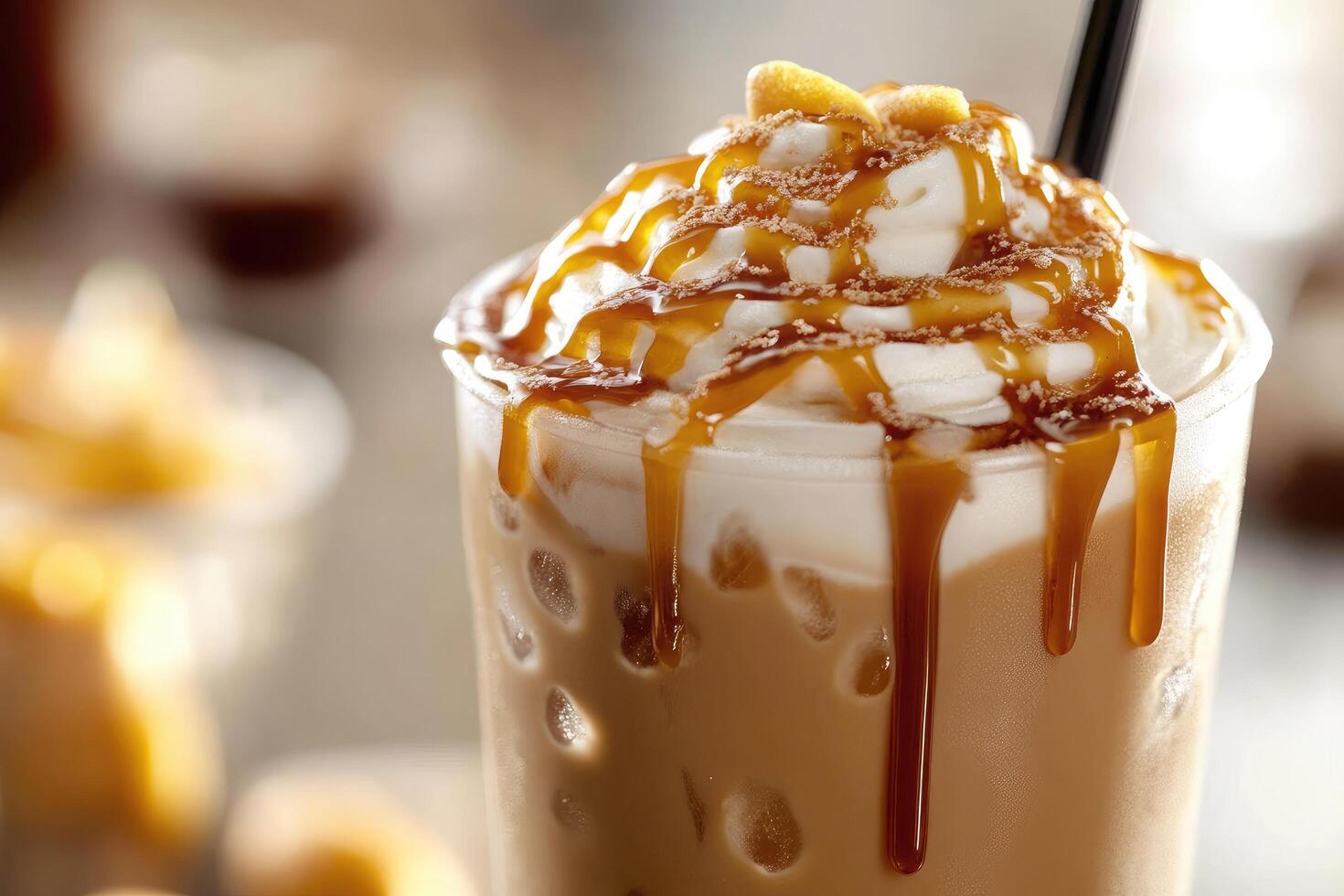 A caramel iced coffee with whipped cream and caramel sauce photo