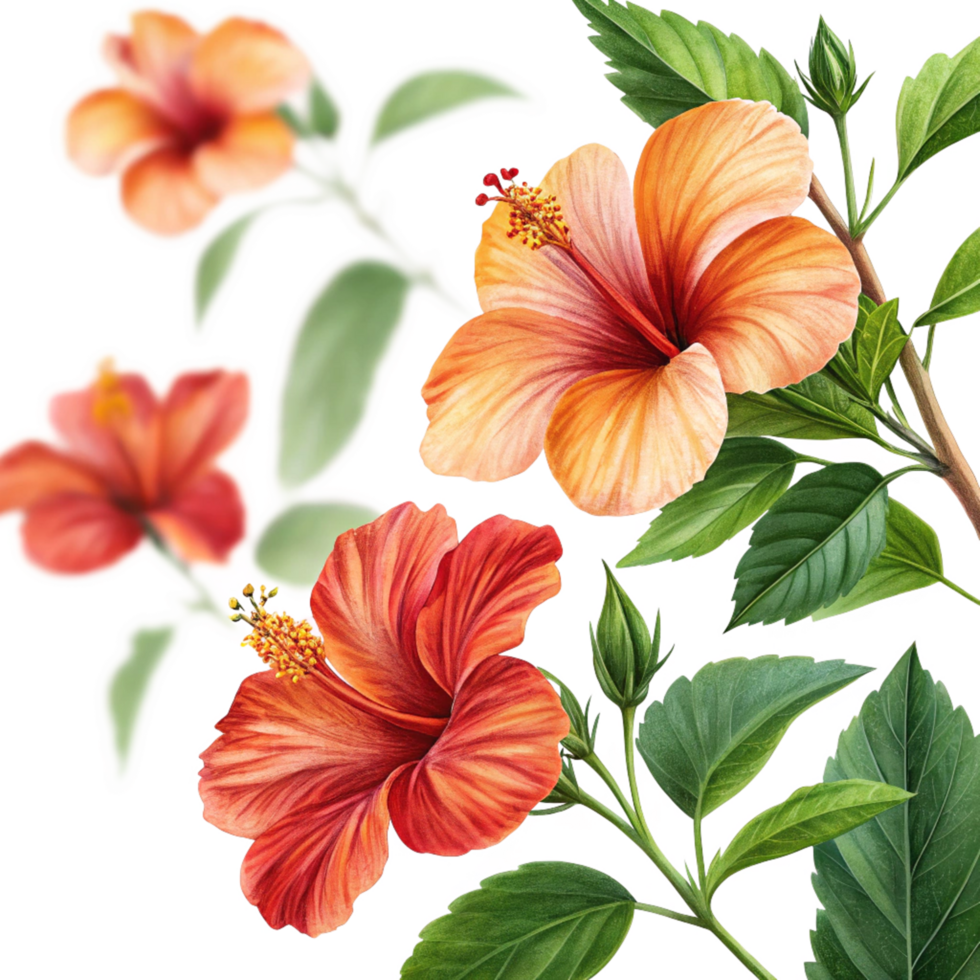 Hibiscus Duo Red and Orange with Green Leaves Transparent png