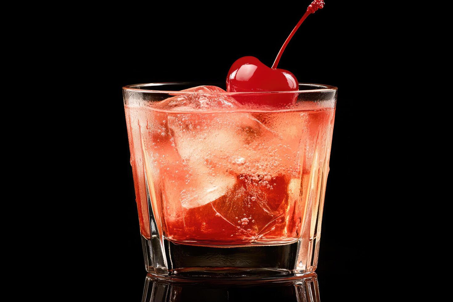 A red drink with ice and cherry on a black background photo
