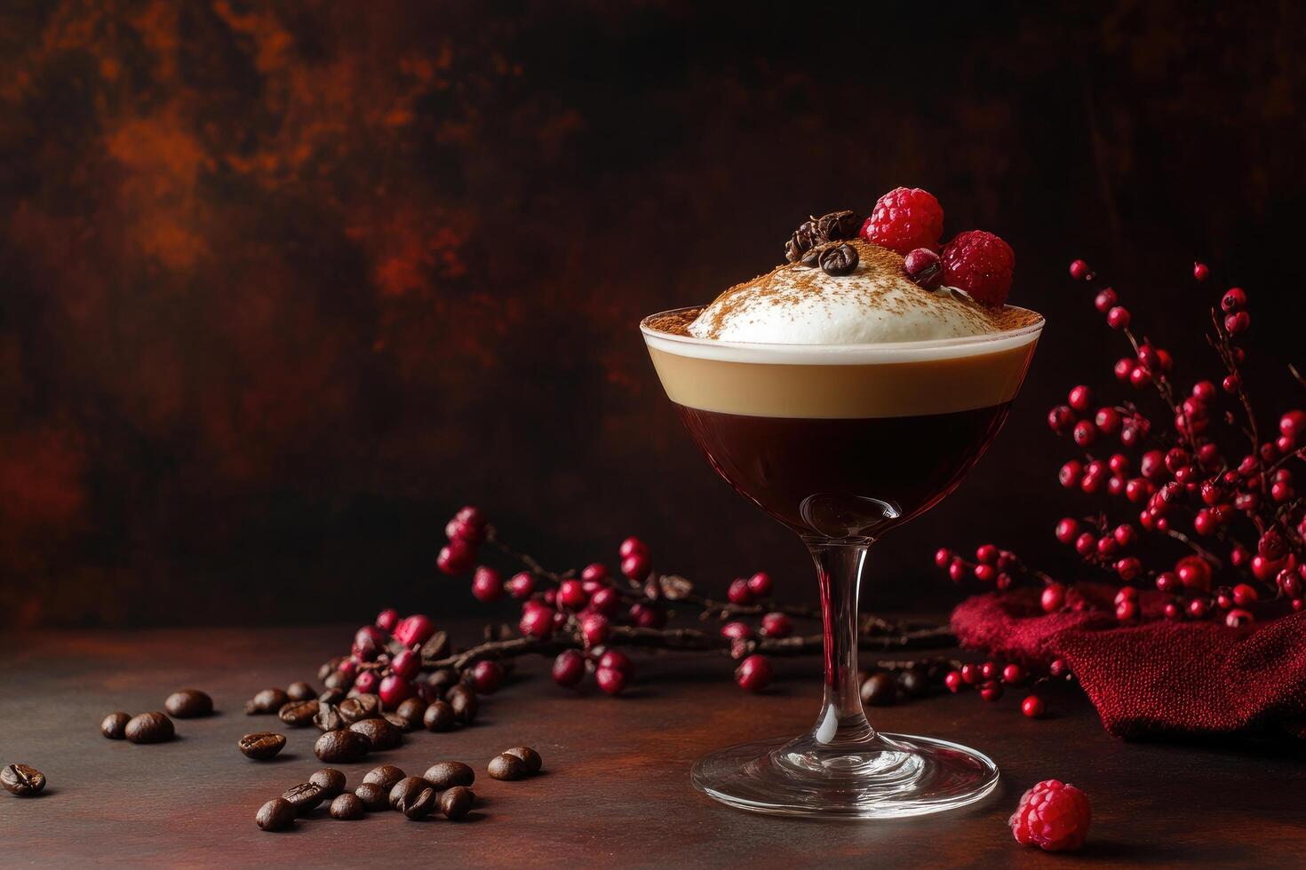 Christmas coffee drink with raspberries and chocolate on a dark background photo