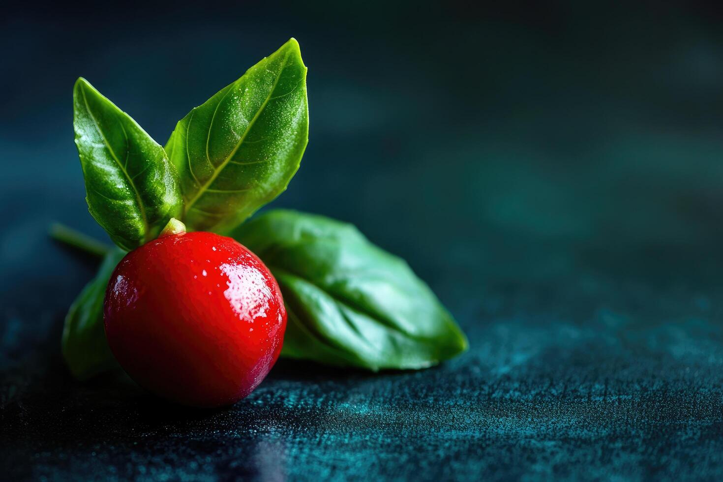A red cherry on a green leaf photo