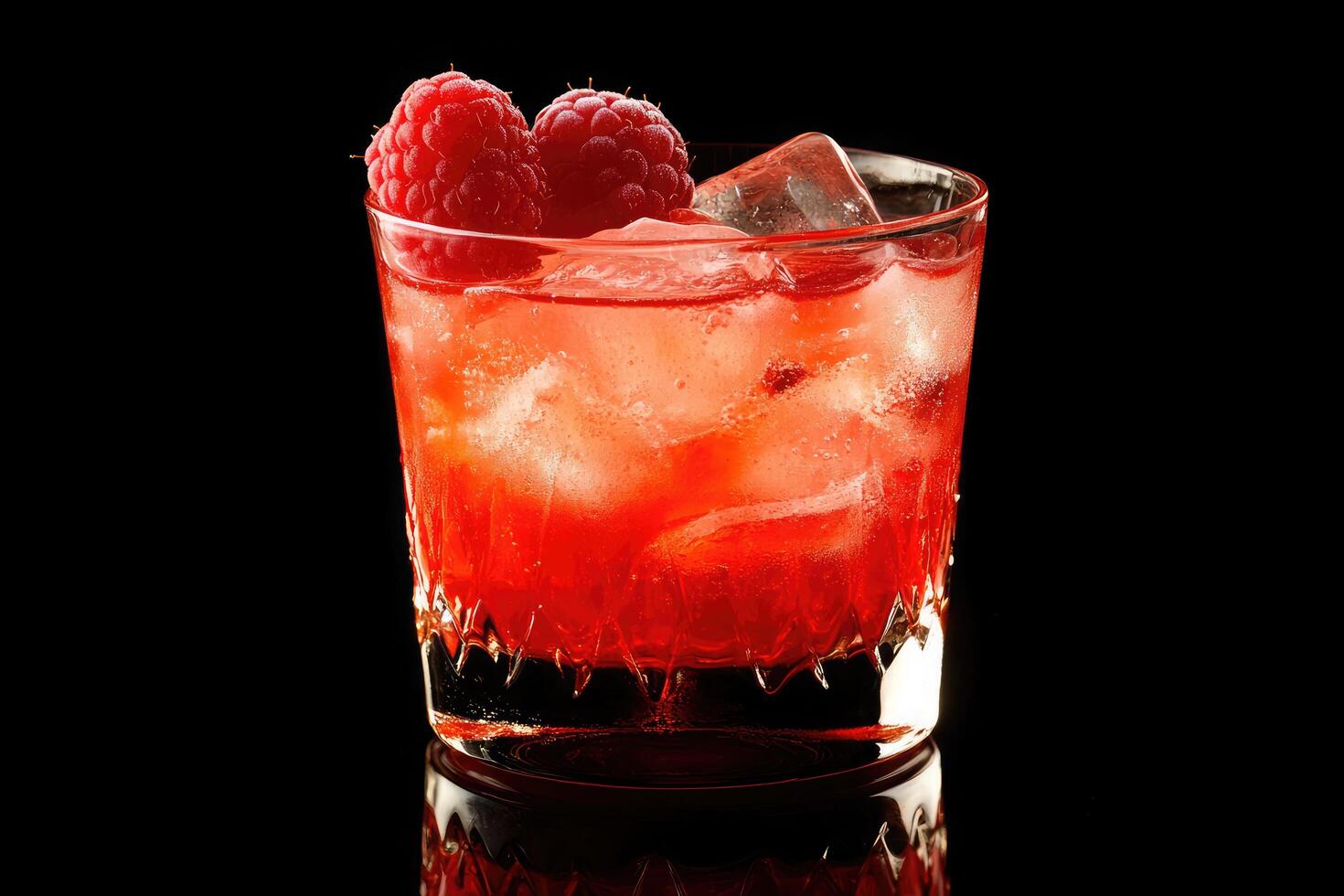 A glass of red drink with raspberries on top photo
