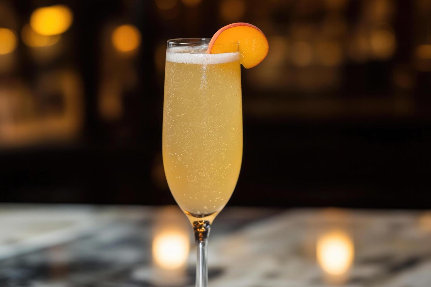 A glass of champagne with a peach slice on top photo