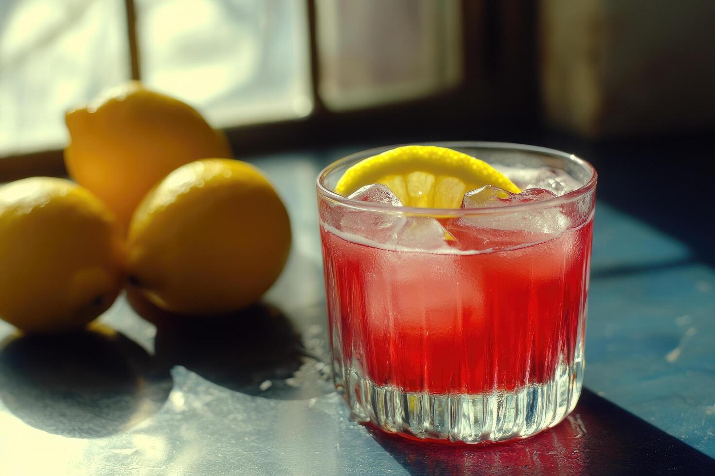 A glass of red drink with lemons on a table photo