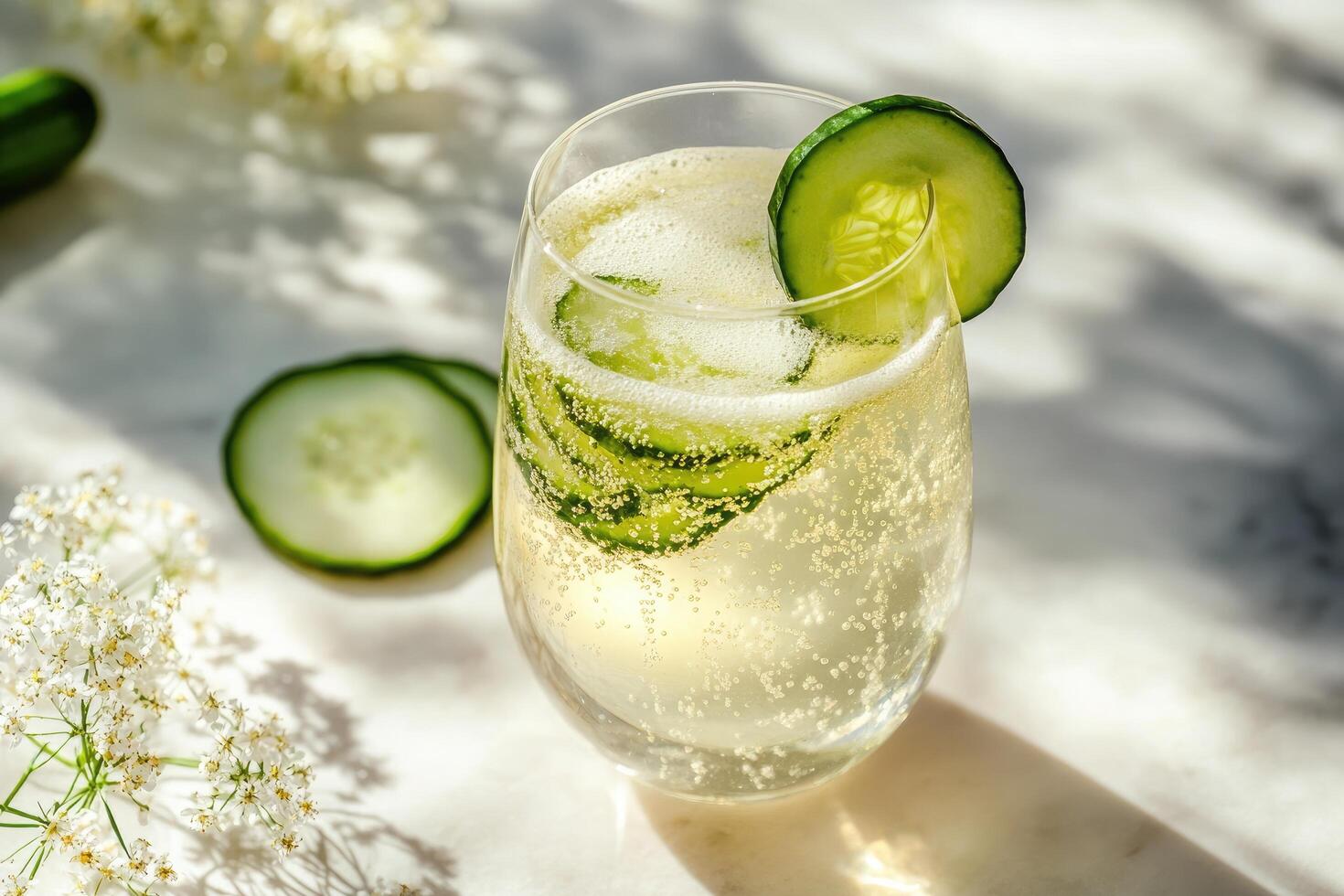 A glass of white wine with cucumber slices photo
