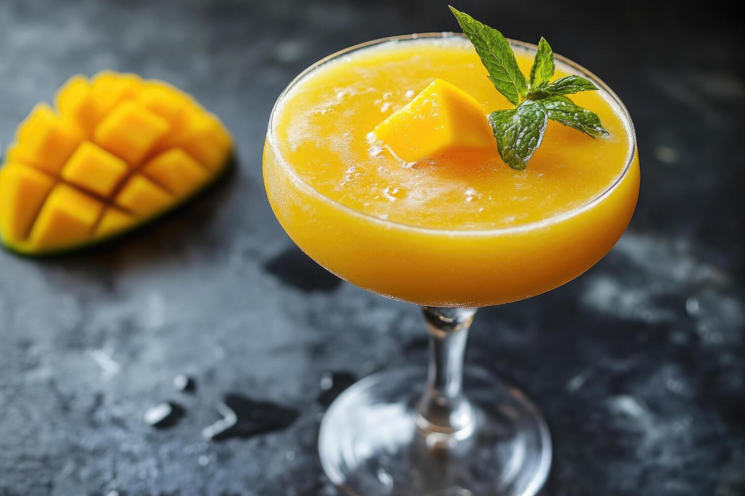 A glass of mango juice with a mint leaf on top photo