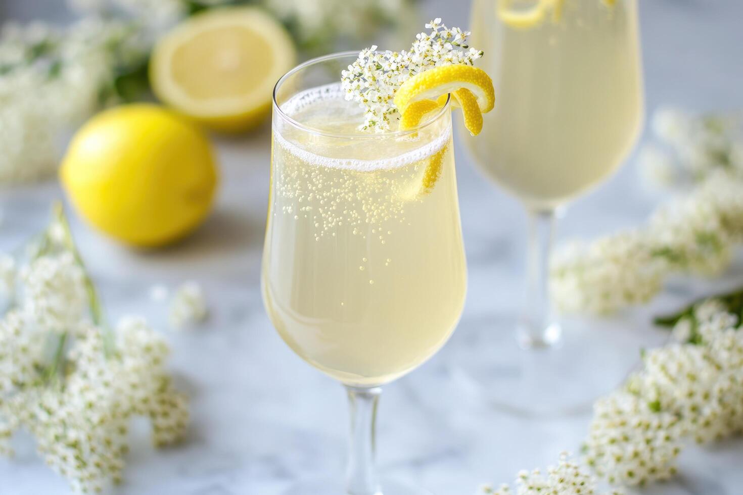 Two glasses of champagne with lemon slices and flowers photo