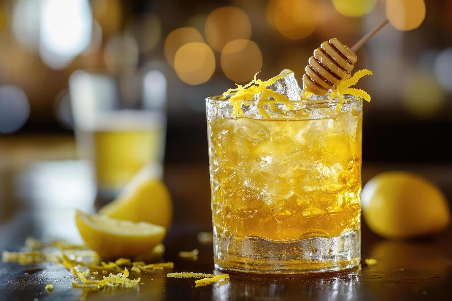 A glass of lemonade with a honey stick photo