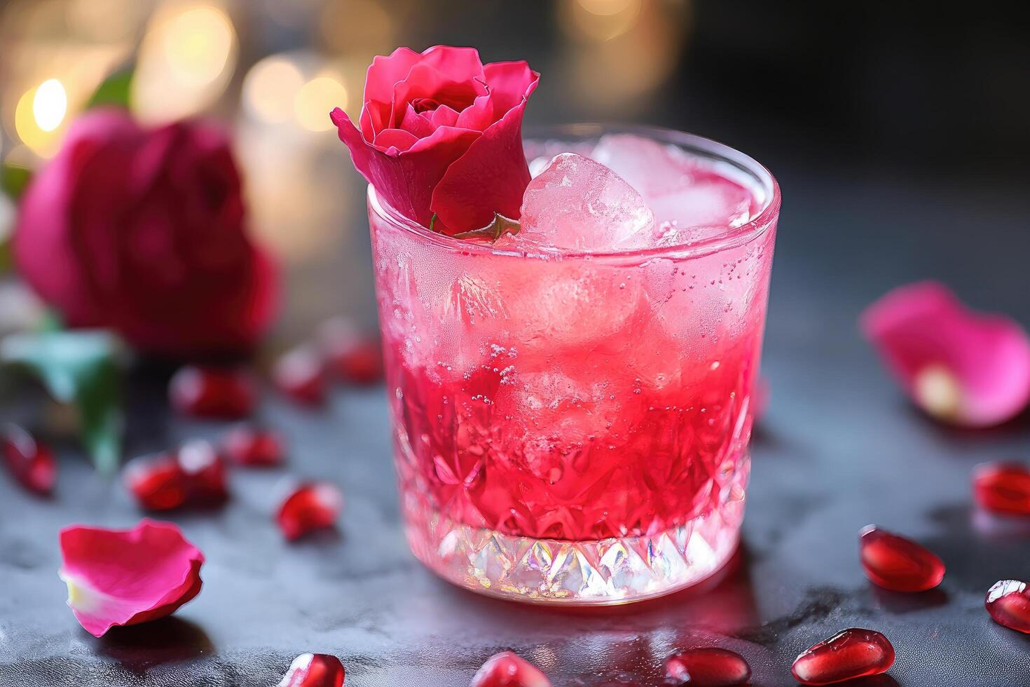 A glass of pink drink with a rose on top photo