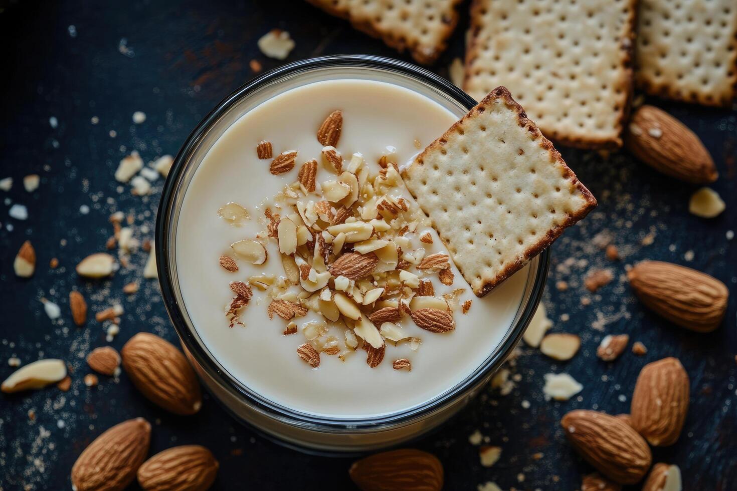 Almond milk with crackers on a dark background photo