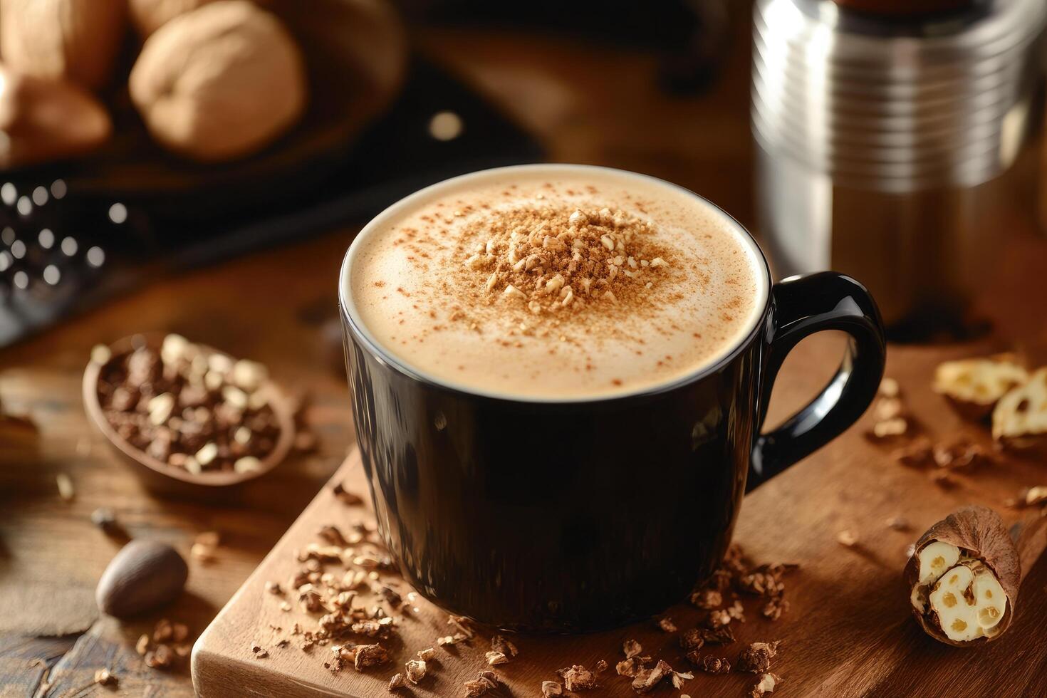 A cup of coffee with nuts and spices on a wooden table photo