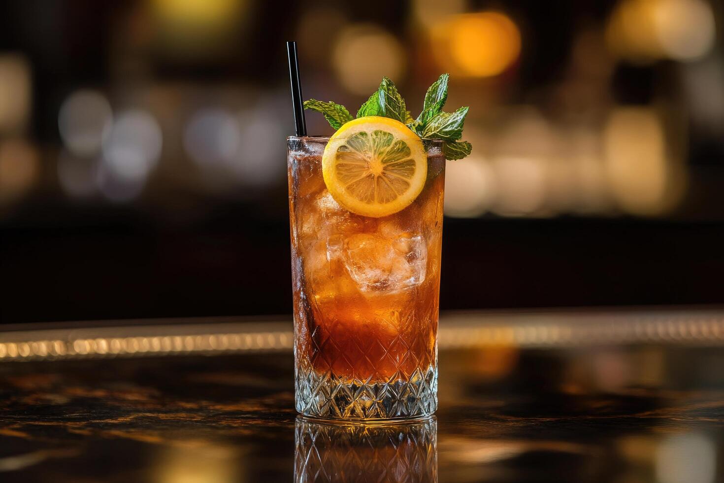 A drink with a lemon slice and mint leaves photo