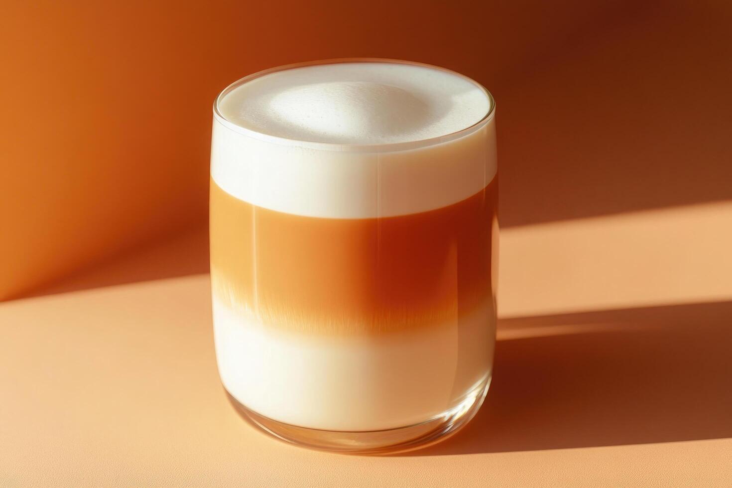 An espresso drink in a glass with a white and orange foam photo