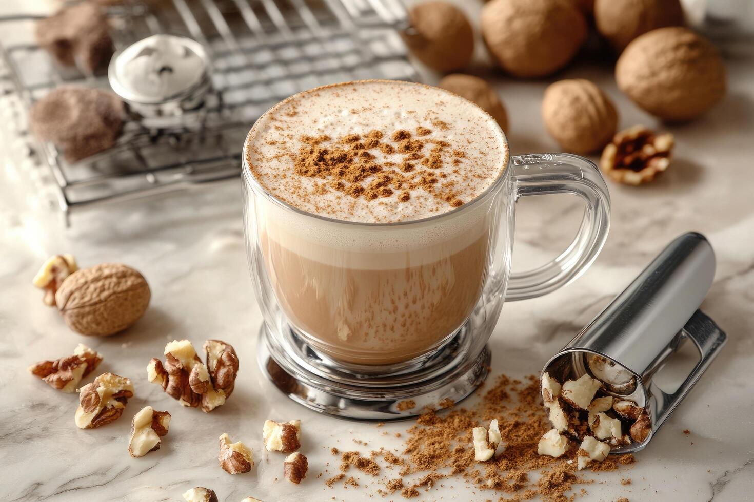 A glass of coffee with nuts and a spoon photo