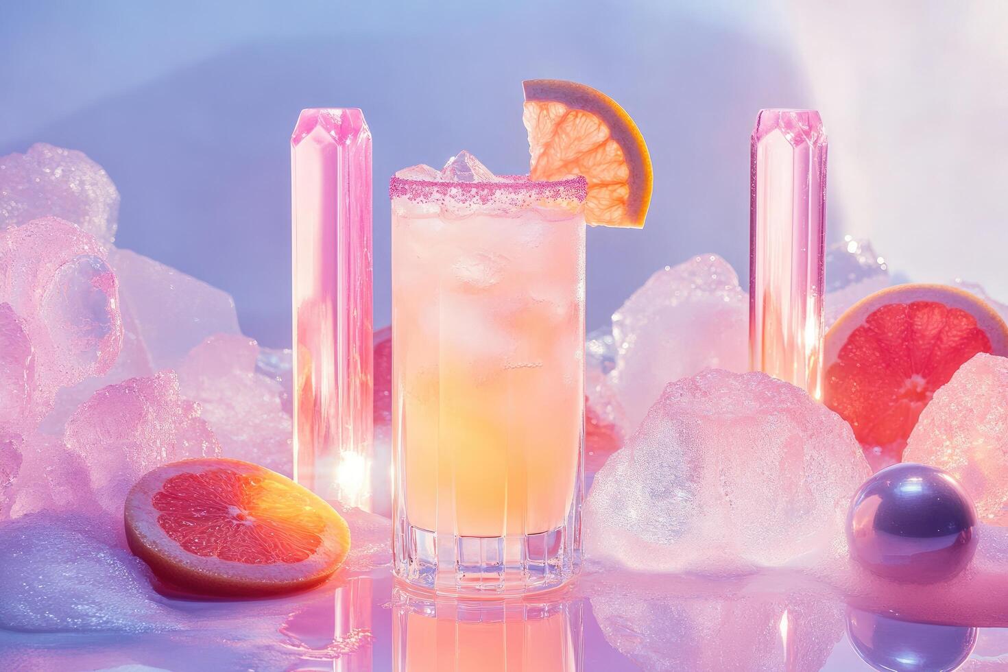 A pink drink with a slice of orange on top of ice photo