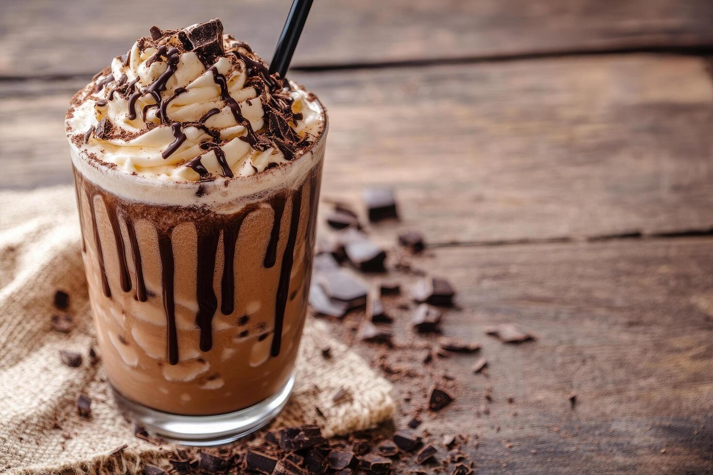A chocolate milkshake with whipped cream and chocolate drizzle photo