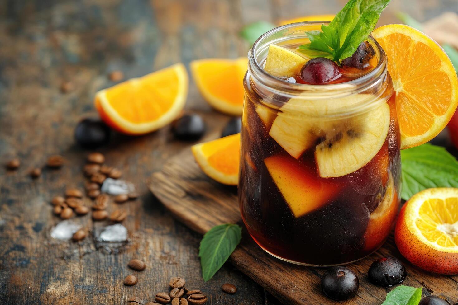 A glass of fruit and ice with a slice of lemon photo
