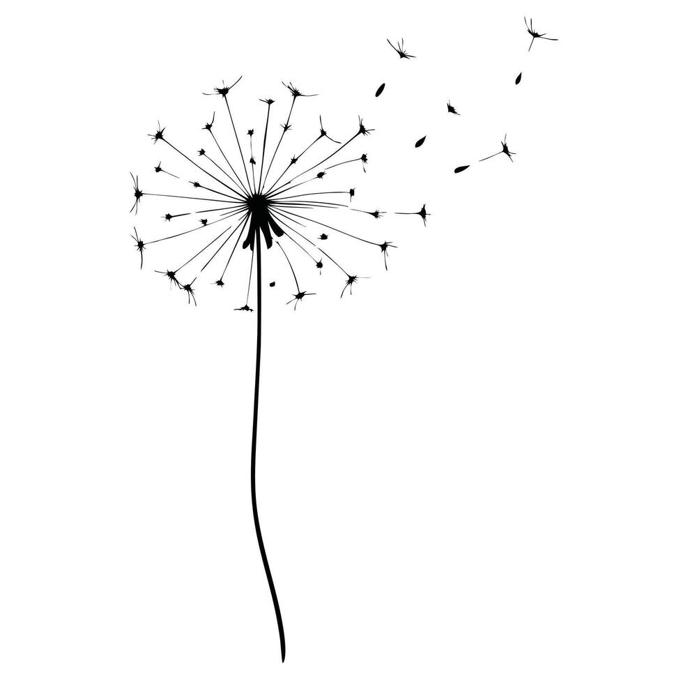 Minimalist Dandelion Silhouette With Seeds Blowing In The Wind On White Background vector