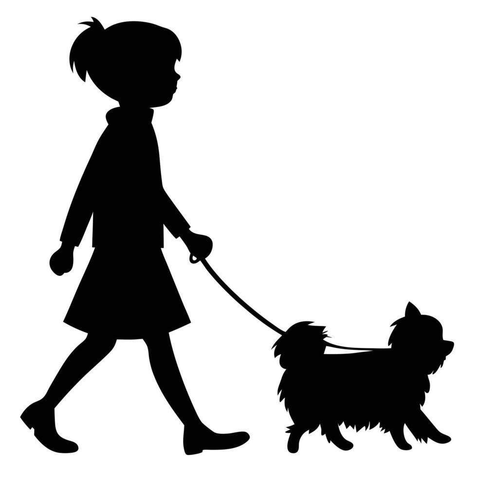Girl Walking Small Dog Silhouette On White Background Illustration vector