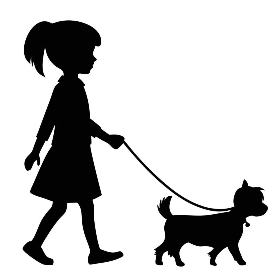 Girl Walking Dog Silhouette On A Leash Pet Friendship Simple Graphic Design vector