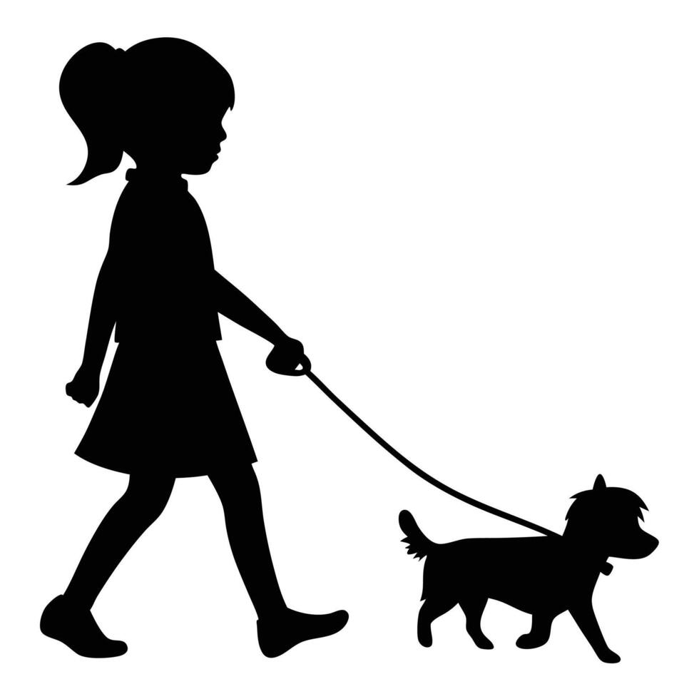 Silhouette Of A Girl Walking Her Dog Outdoors In Black And White vector