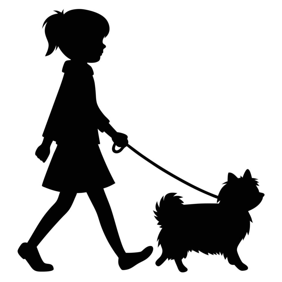 Silhouette Of A Girl Walking Her Pomeranian Dog On A Leash vector