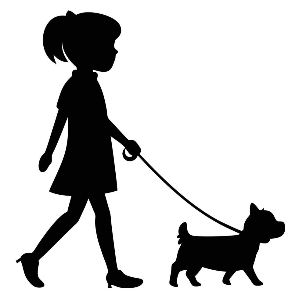 Silhouette Of A Young Girl Walking A Dog On A Leash Outdoors vector