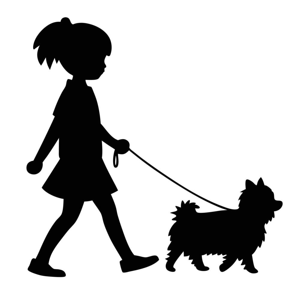 Girl Walking Dog Silhouette Illustration Simple Black And White Graphic Design vector