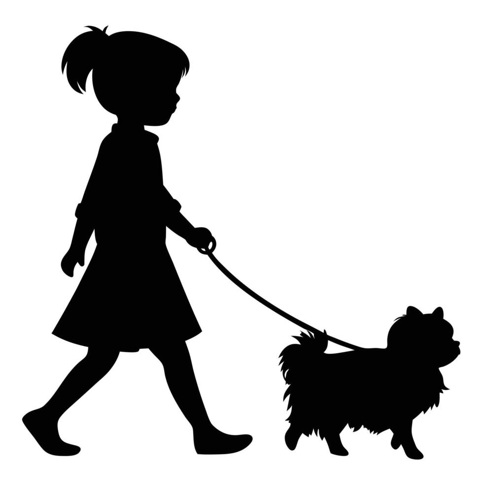 Silhouette Illustration Of A Girl Walking A Small Dog On A Leash vector