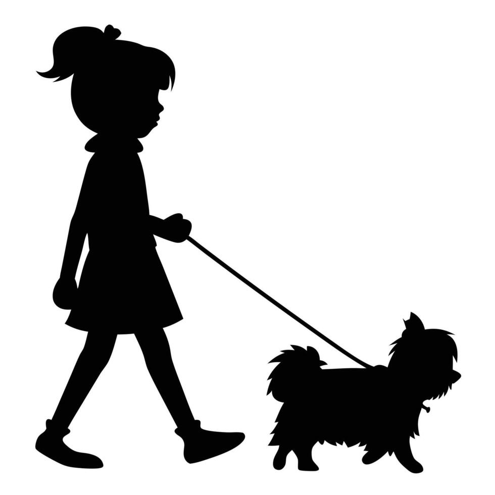 Girl Walking Dog Silhouette Illustration Black And White Graphic Image vector
