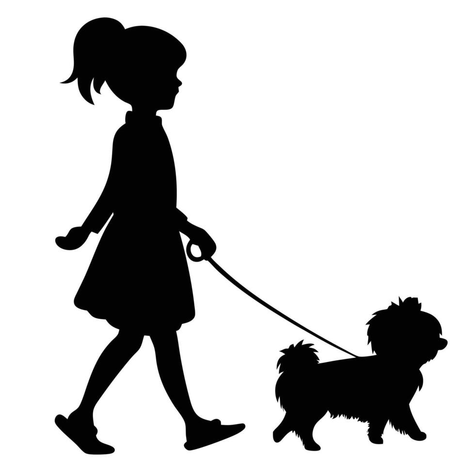 Silhouette Of A Girl Walking Her Dog Companion On A Leash vector