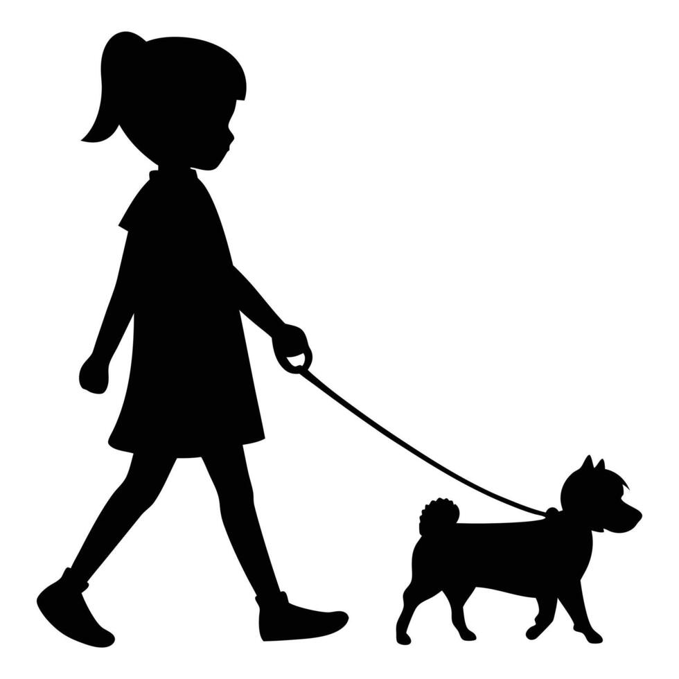 Silhouette Of Girl Walking Dog On Leash Simple Illustration vector