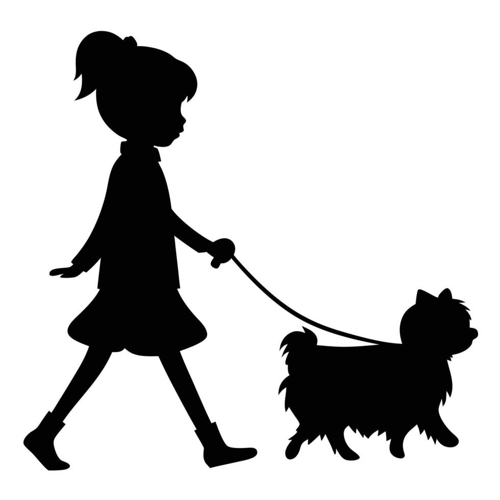 Girl Walking Dog Silhouette Illustration Cute Child With Puppy On Leash vector