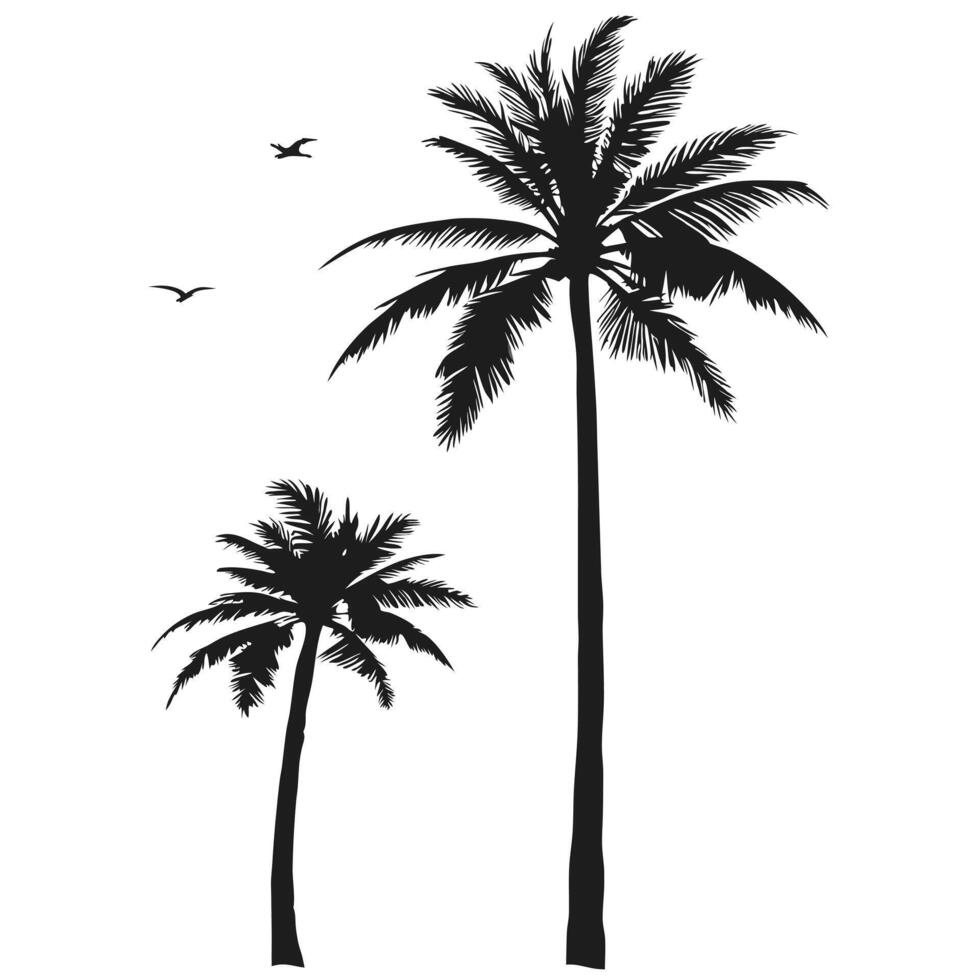 Black Palm Tree Silhouette Illustration With Birds Flying On White Background vector