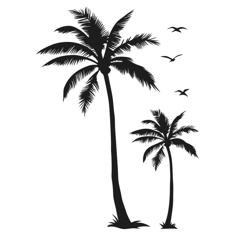 Black Silhouette Of Palm Trees With Flying Birds Against White Background vector
