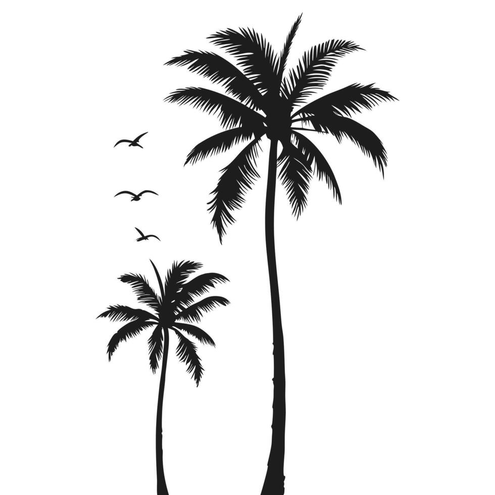 Two Palm Trees Silhouette Illustration With Birds Flying In The Sky vector