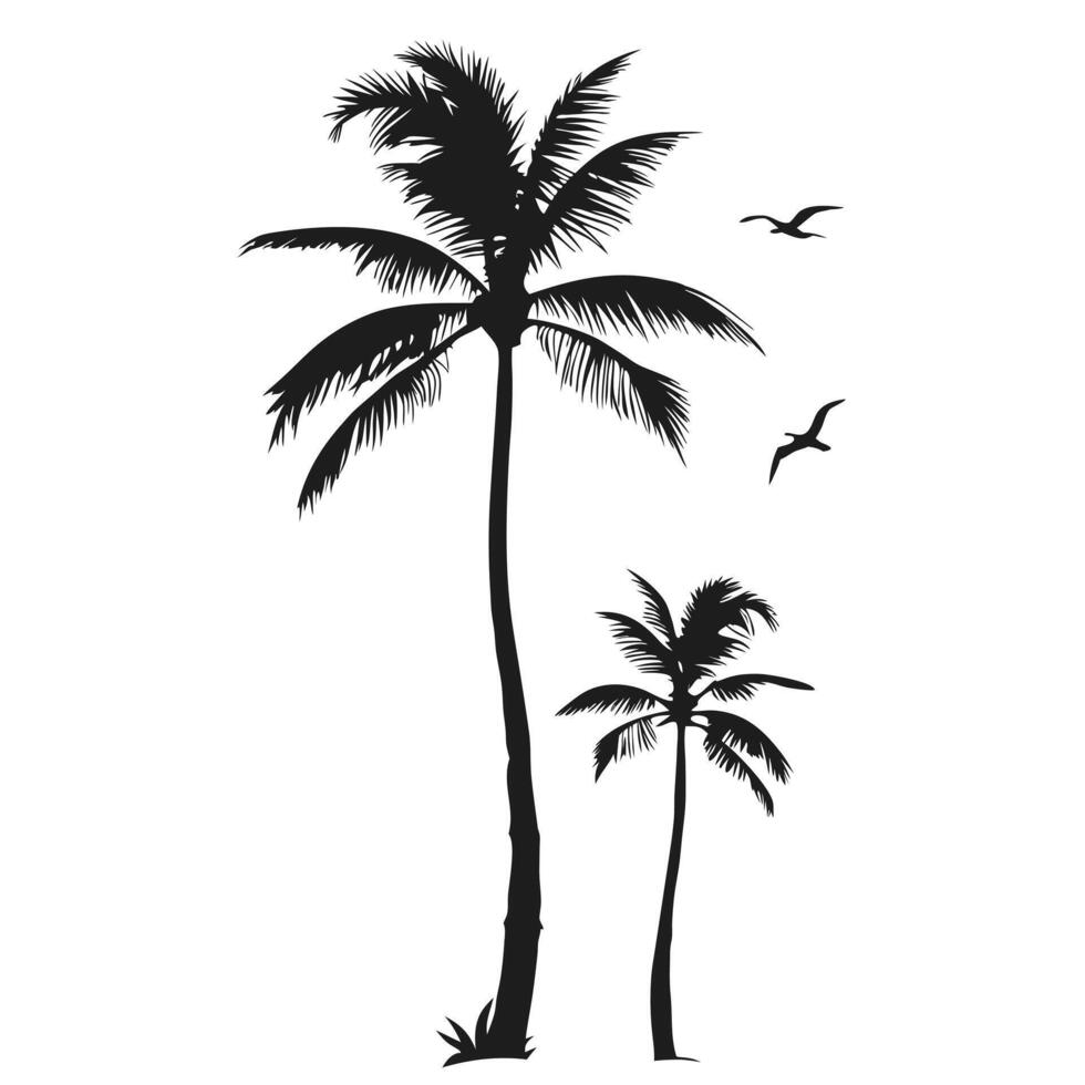 Black Silhouette Of Palm Trees And Seagulls Isolated On White Background vector