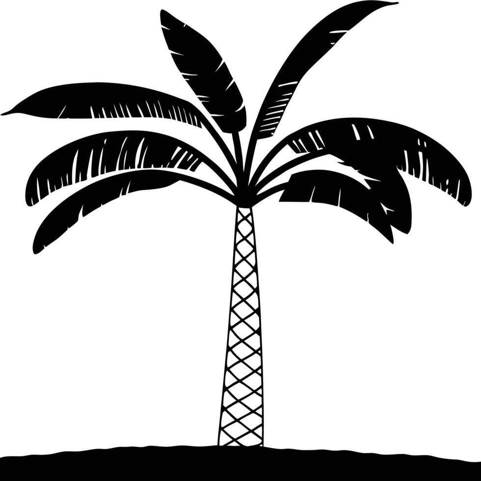 Black Silhouette Of A Tropical Palm Tree With Distinct Leaf Patterns On Land vector