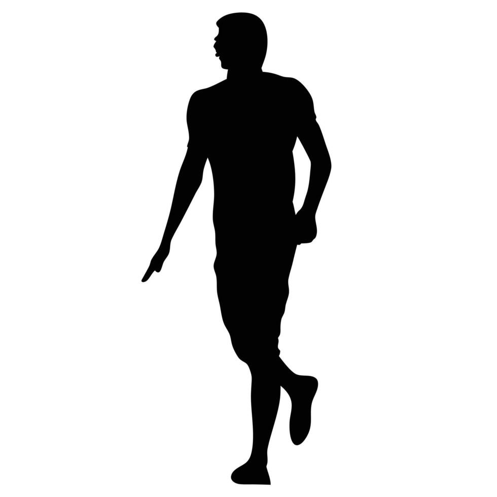 Black Silhouette Of Man Walking With Arm Extended And One Leg Raised vector