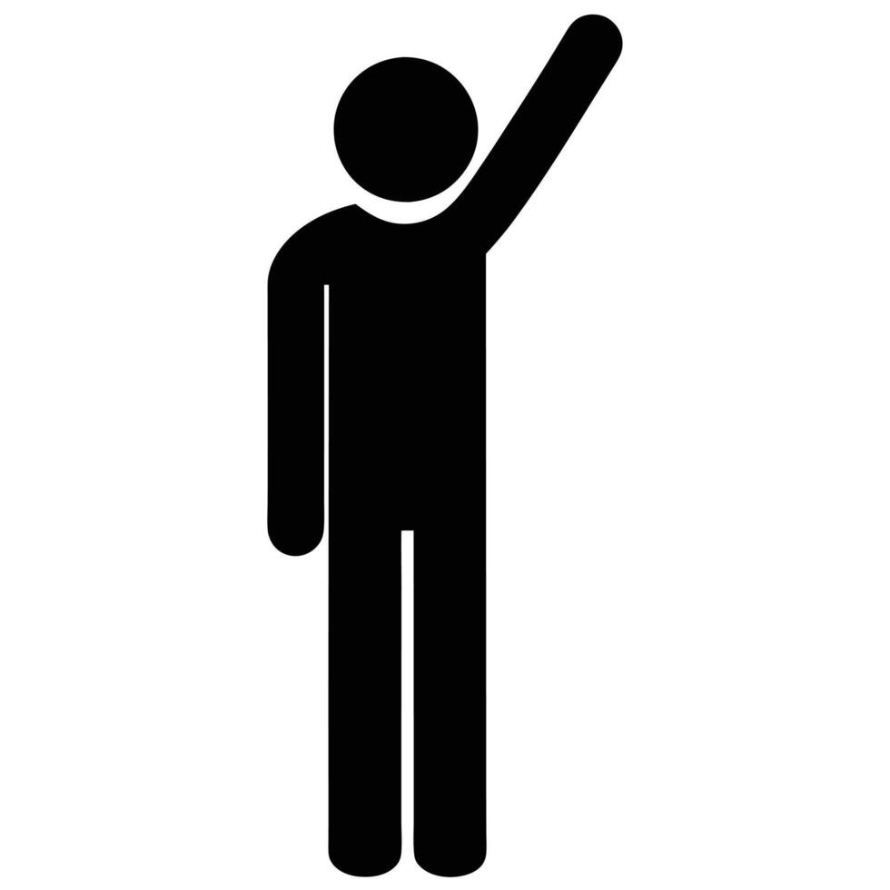 Simple Black Stick Figure Illustration Raising Hand For Attention Or Voting vector