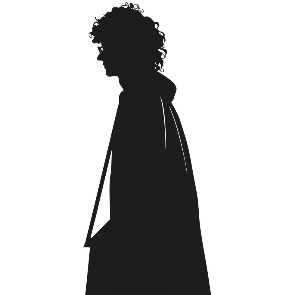 Elegant Silhouette Of A Person With Bag And Curly Hair Standing In Profile vector