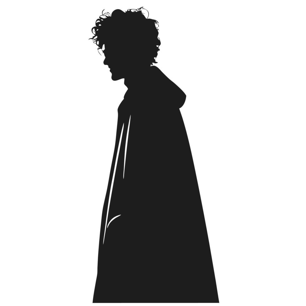 Silhouette Of Cloaked Figure With Curly Hair Walking Mysterious Black Shape vector