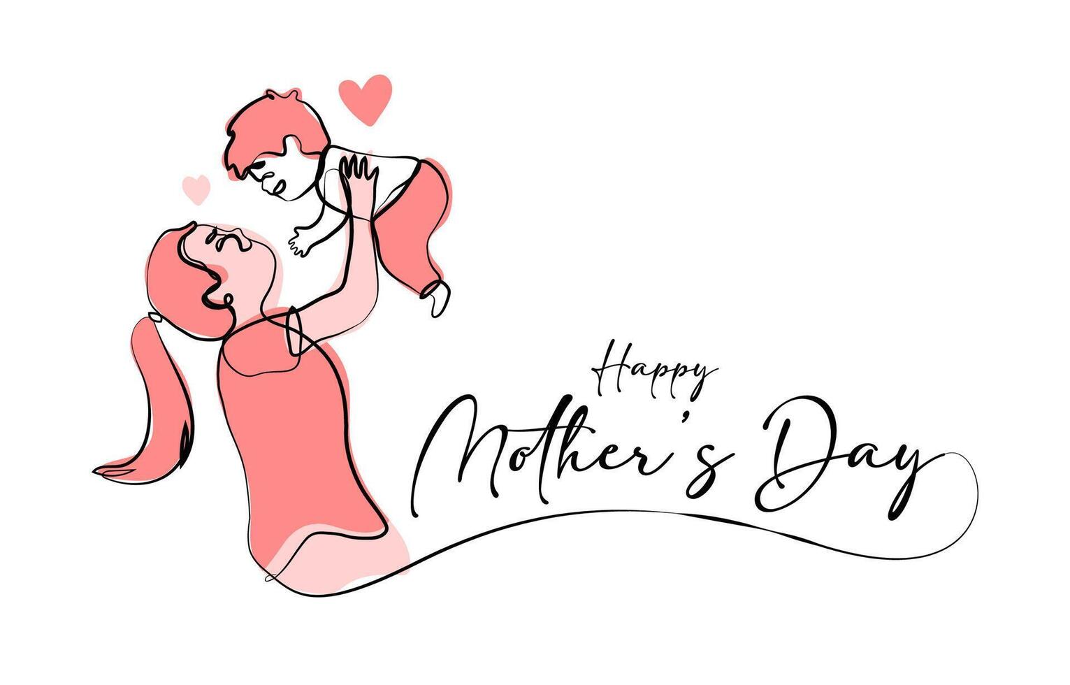 Mum hugs baby continuous one line contour on white background for happy mother's day event vector