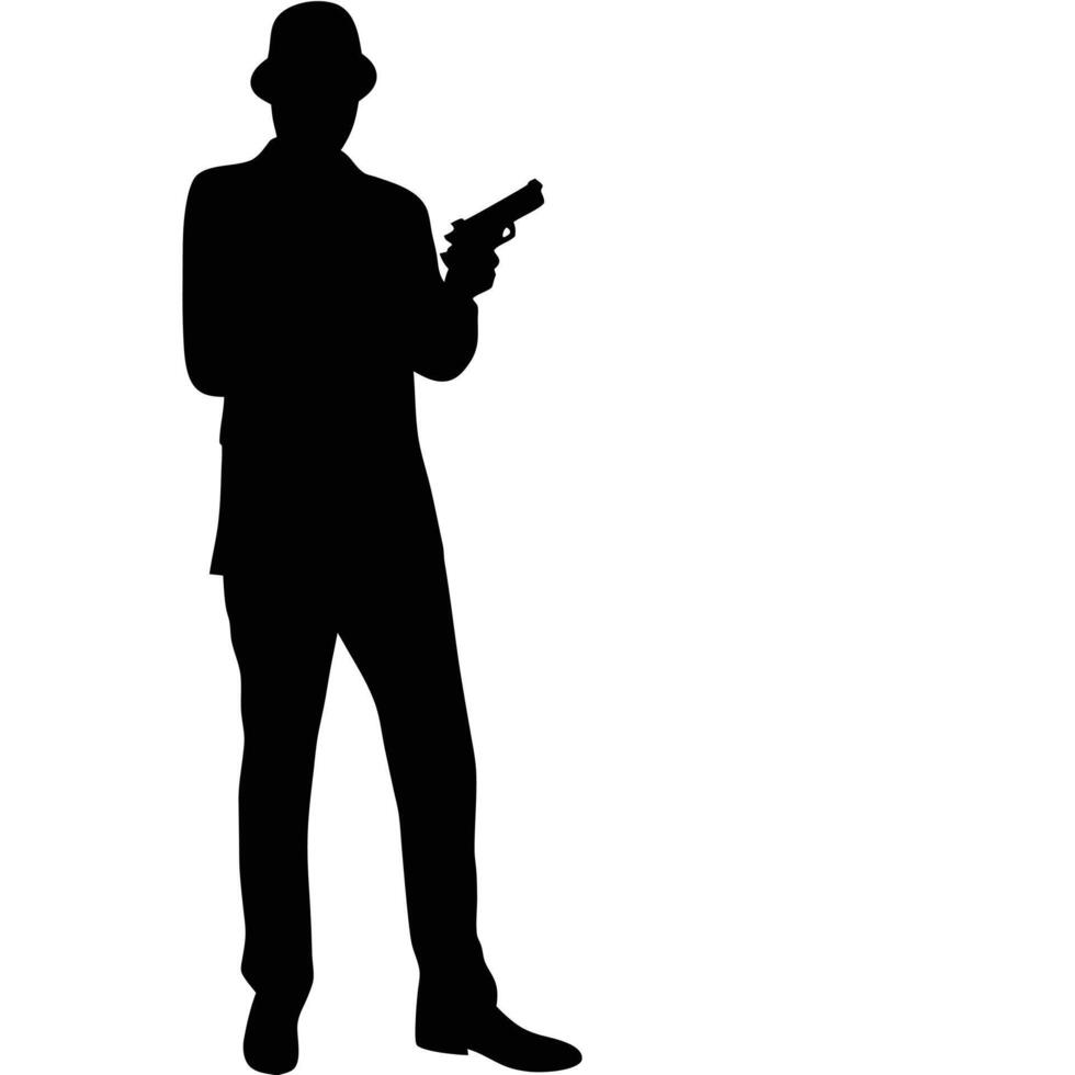 Silhouette Of Gangster Holding A Gun In A Suit And Hat Black vector