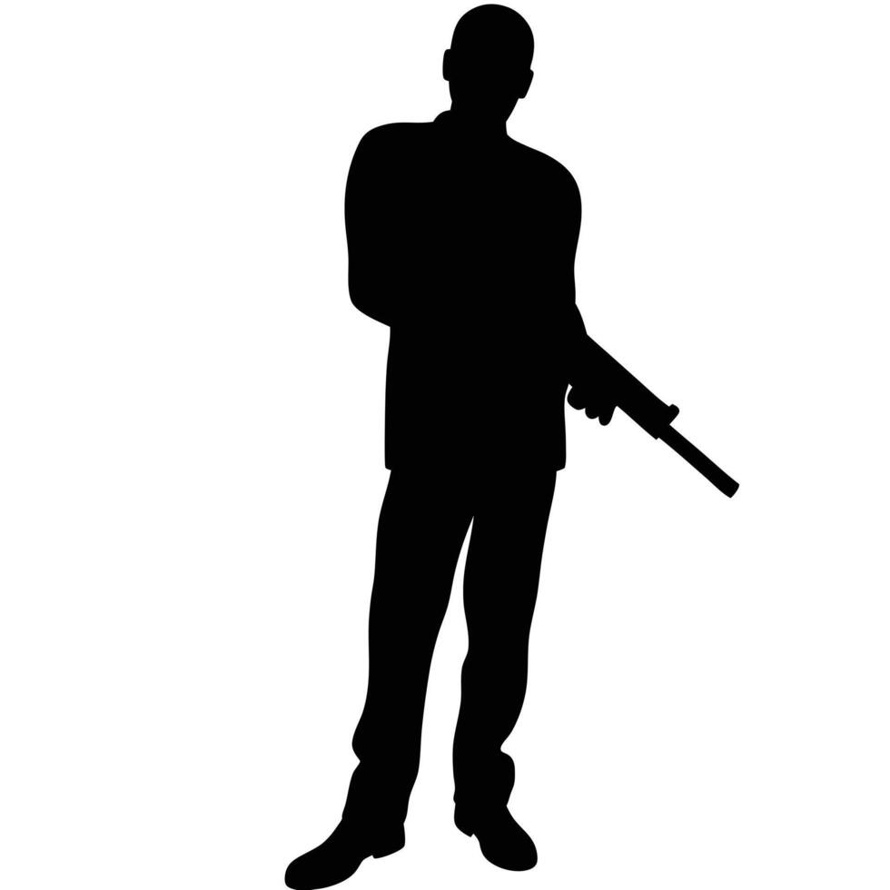 Silhouette Of Armed Man In Suit Holding Gun Illustration vector