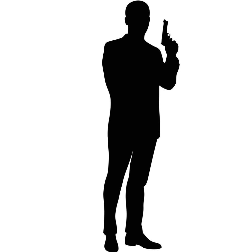 Man In Suit Silhouette Holding A Gun Secret Agent Concept vector