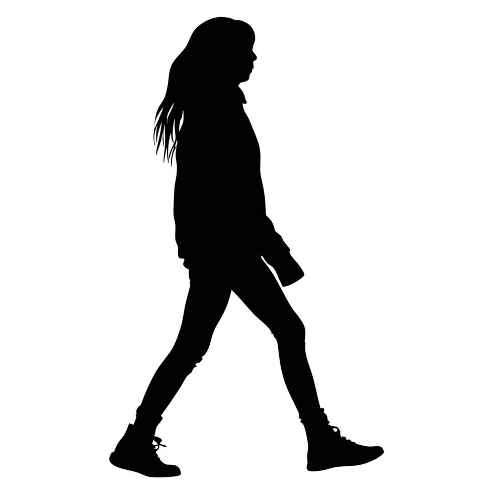 Walking Girl Silhouette Isolated On White Background In Hoodie And Boots vector