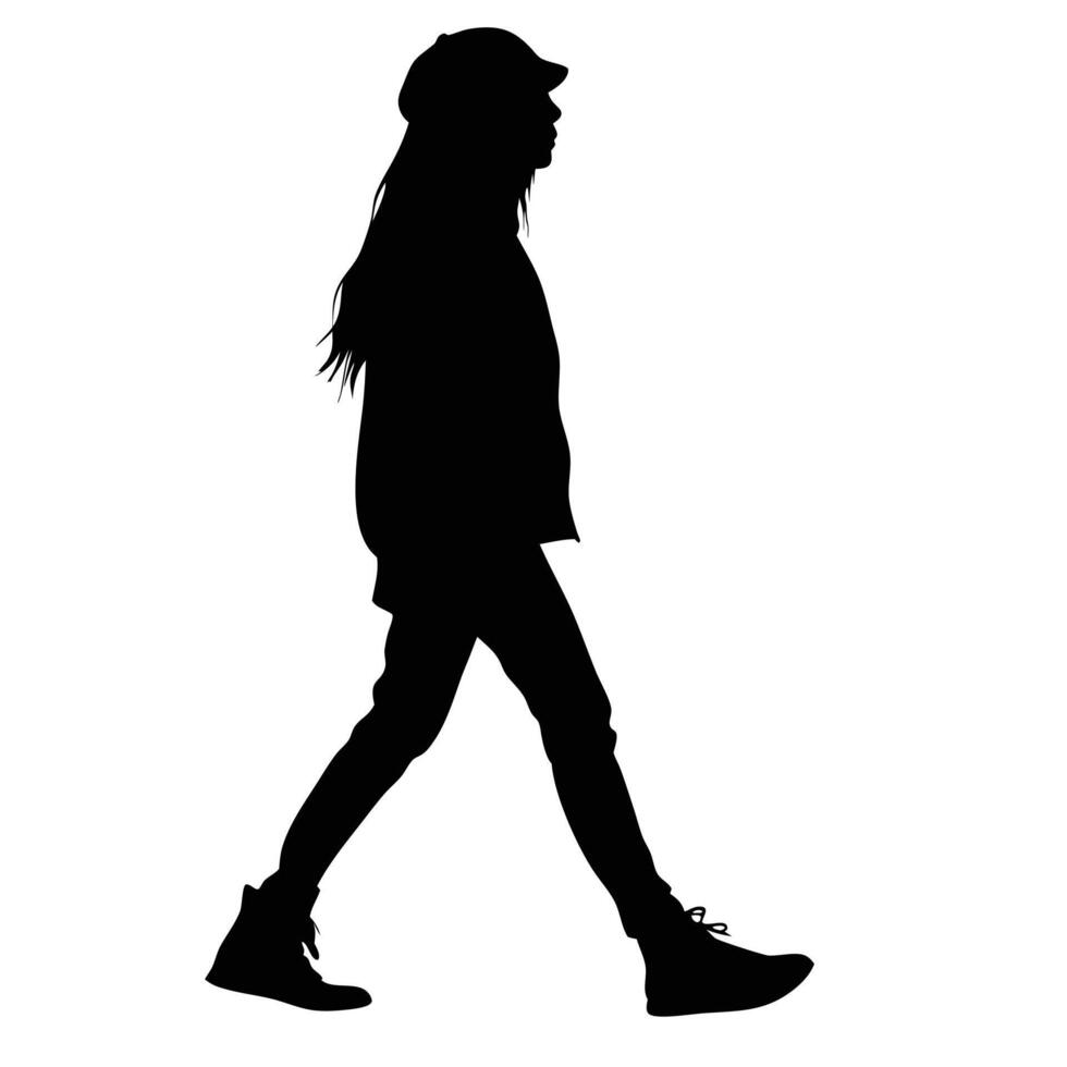 Silhouette Of Stylish Woman Walking Wearing Jeans Jacket And Cap On White vector