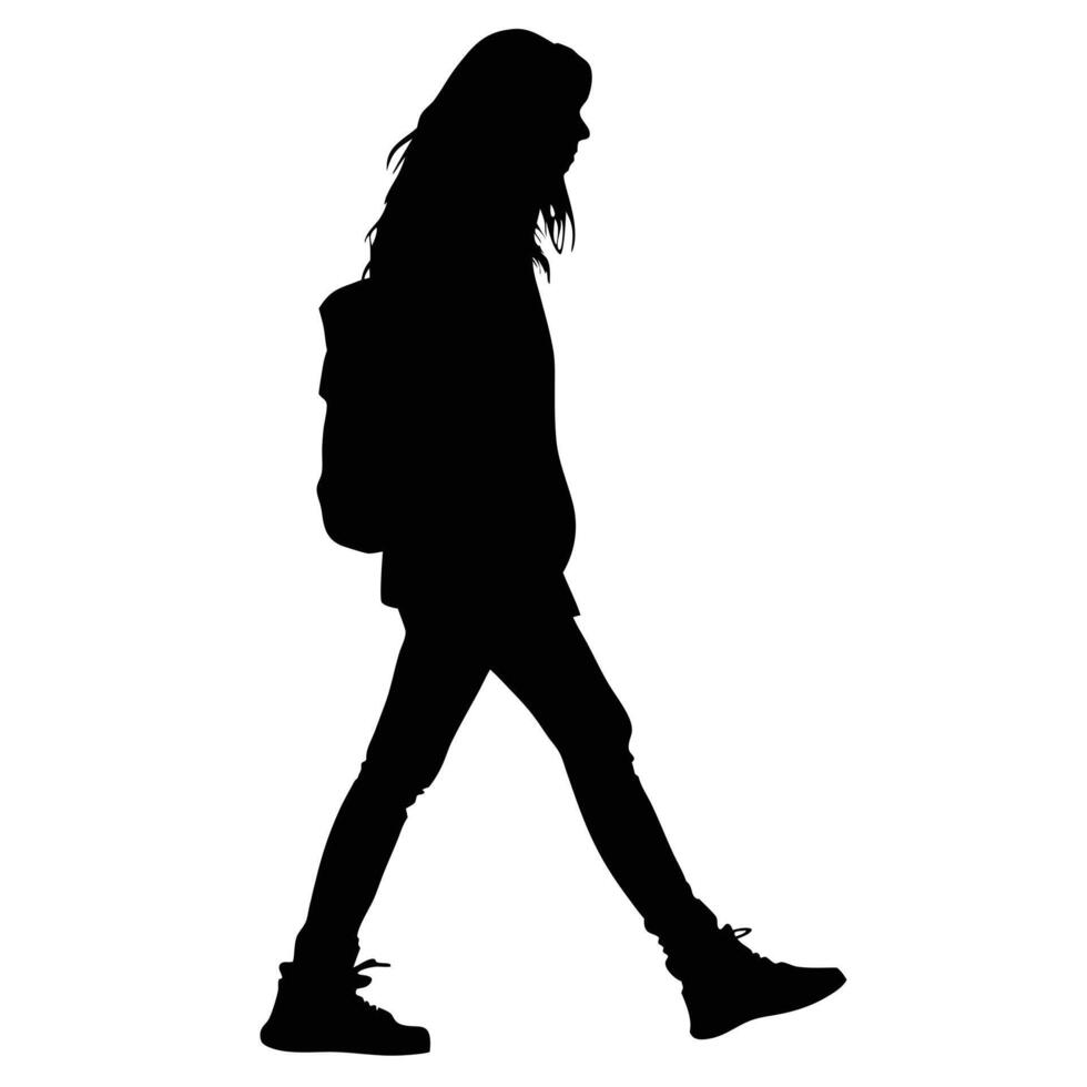 Silhouette Of A Young Woman Walking With A Backpack In Isolated Black vector